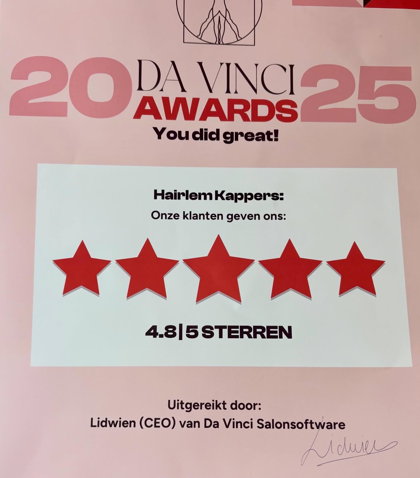 Da Vinci Awards 2025 certificaat van Hairlem Kappers