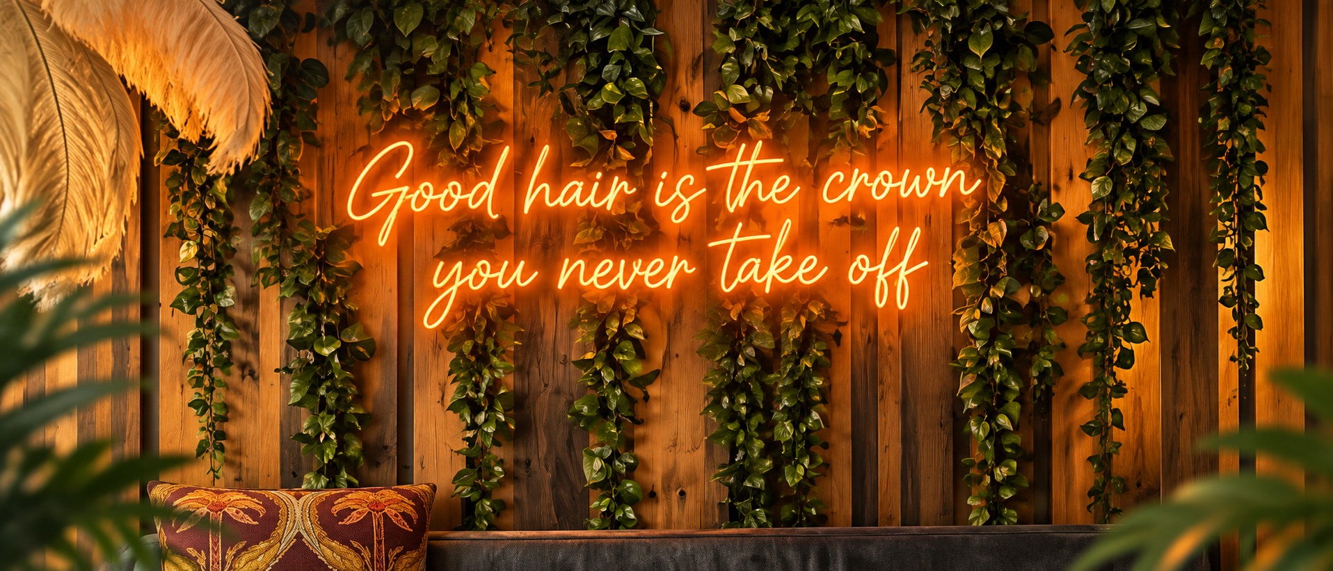 Warme salonmuur met groene planten en lichttekst Good hair is the crown you never take off